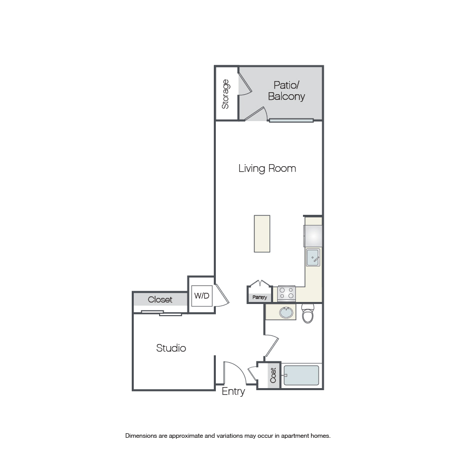 Rendering of the Aloe floor plan with a Studio bedroom and 1 bathroom[s] at Griffis Platinum Triangle