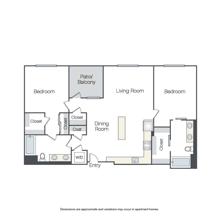 Rendering of the Magnolia floor plan with 2 bedroom[s] and 2 bathroom[s] at Griffis Platinum Triangle