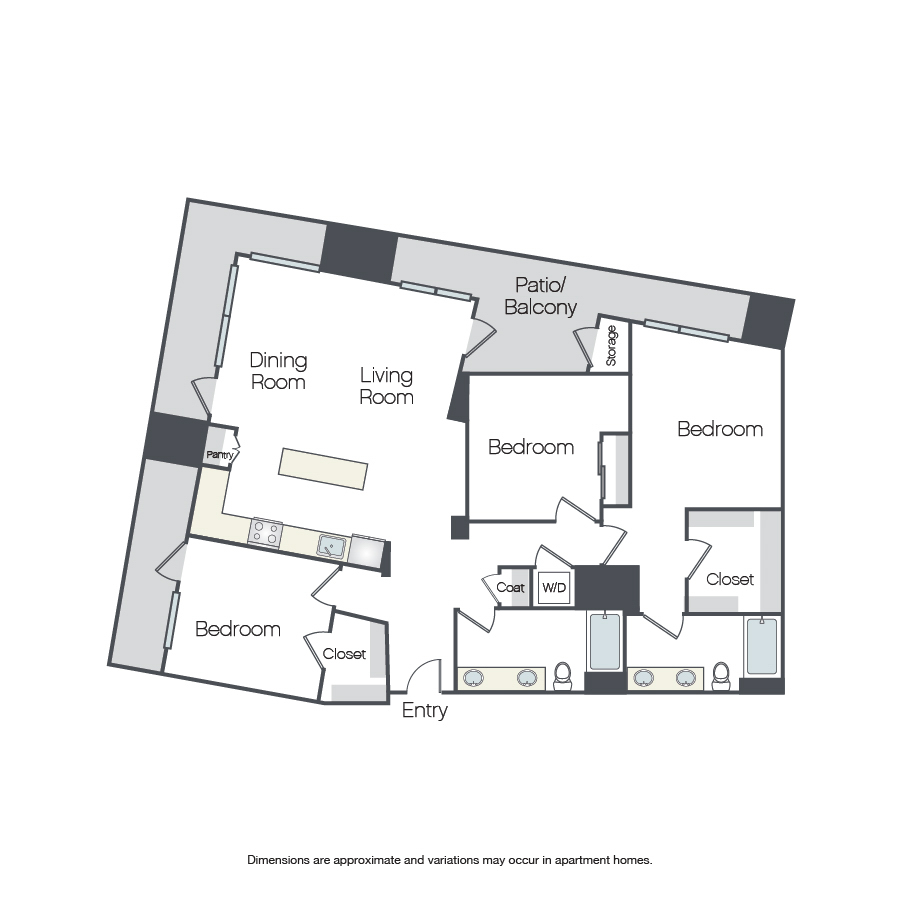 Rendering of the Walnut Grove floor plan with 3 bedroom[s] and 2 bathroom[s] at Griffis Platinum Triangle