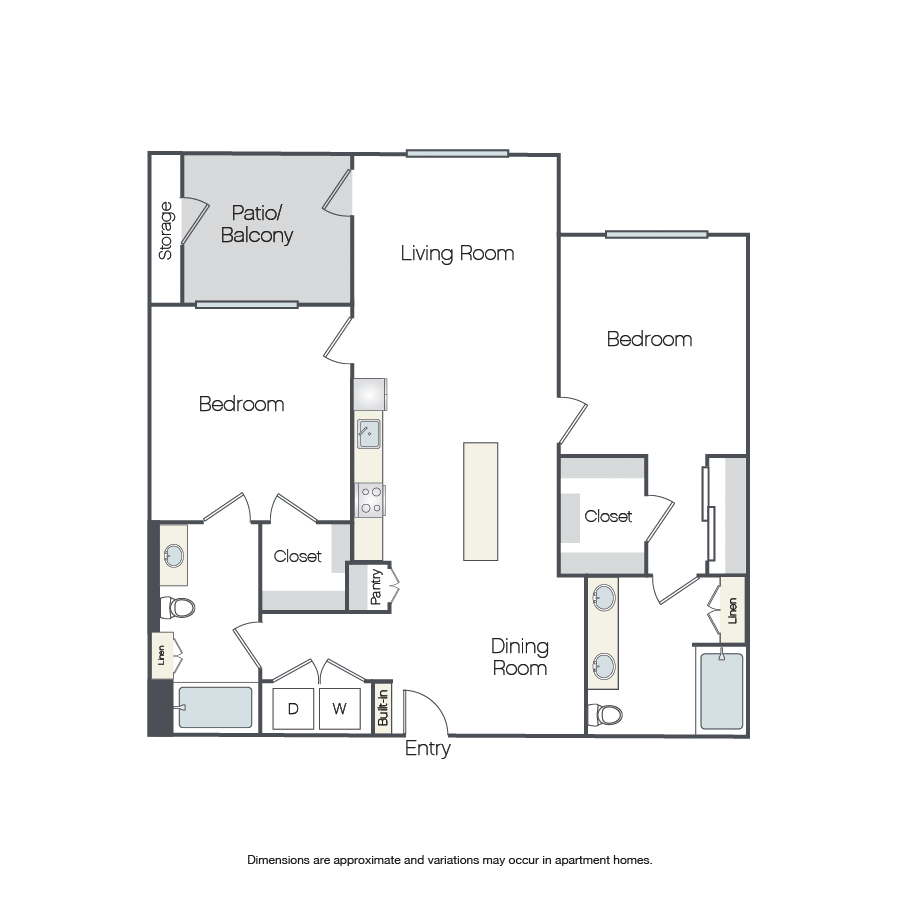 Rendering of the Lincoln floor plan with 2 bedroom[s] and 2 bathroom[s] at Griffis Platinum Triangle