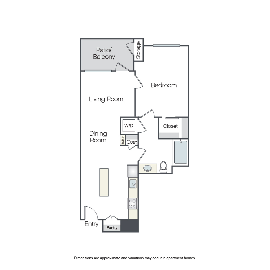 Rendering of the Brookhurst floor plan with 1 bedroom[s] and 1 bathroom[s] at Griffis Platinum Triangle