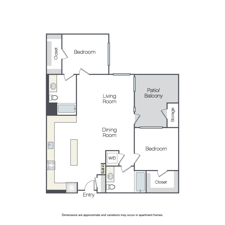 Rendering of the Ponderosa floor plan with 2 bedroom[s] and 2 bathroom[s] at Griffis Platinum Triangle