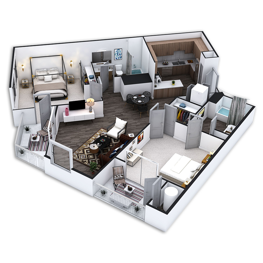 Rendering of the Huntington floor plan with 2 bedroom[s] and 2 bathroom[s] at Griffis Pine Avenue