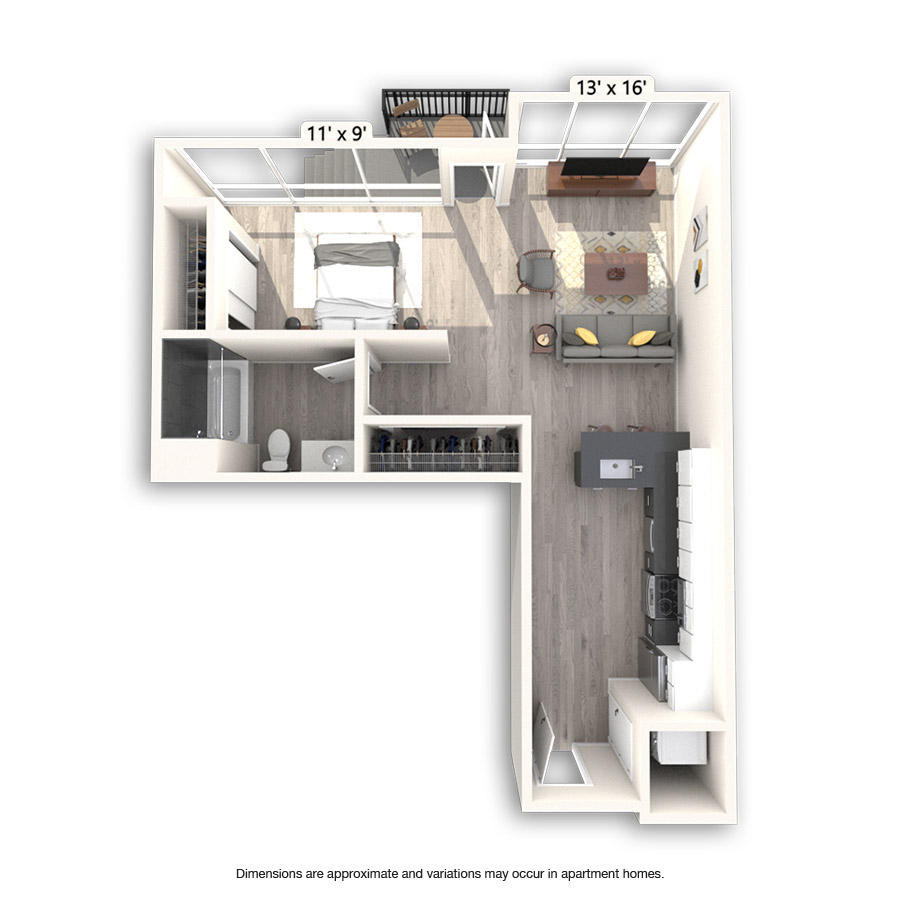 Rendering of the Alligator Platinum floor plan with a Studio bedroom and 1 bathroom[s] at Griffis East Village