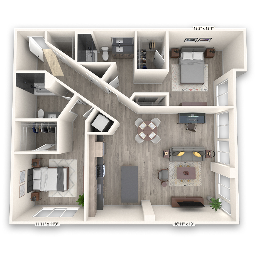 Rendering of the Queen Anne floor plan with 2 bedroom[s] and 2 bathroom[s] at Griffis Seattle Waterfront