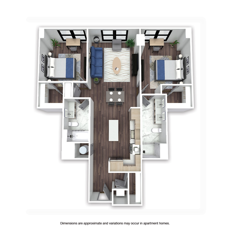 Rendering of the Hillandale floor plan with 2 bedroom[s] and 2 bathroom[s] at Griffis Edgemoor