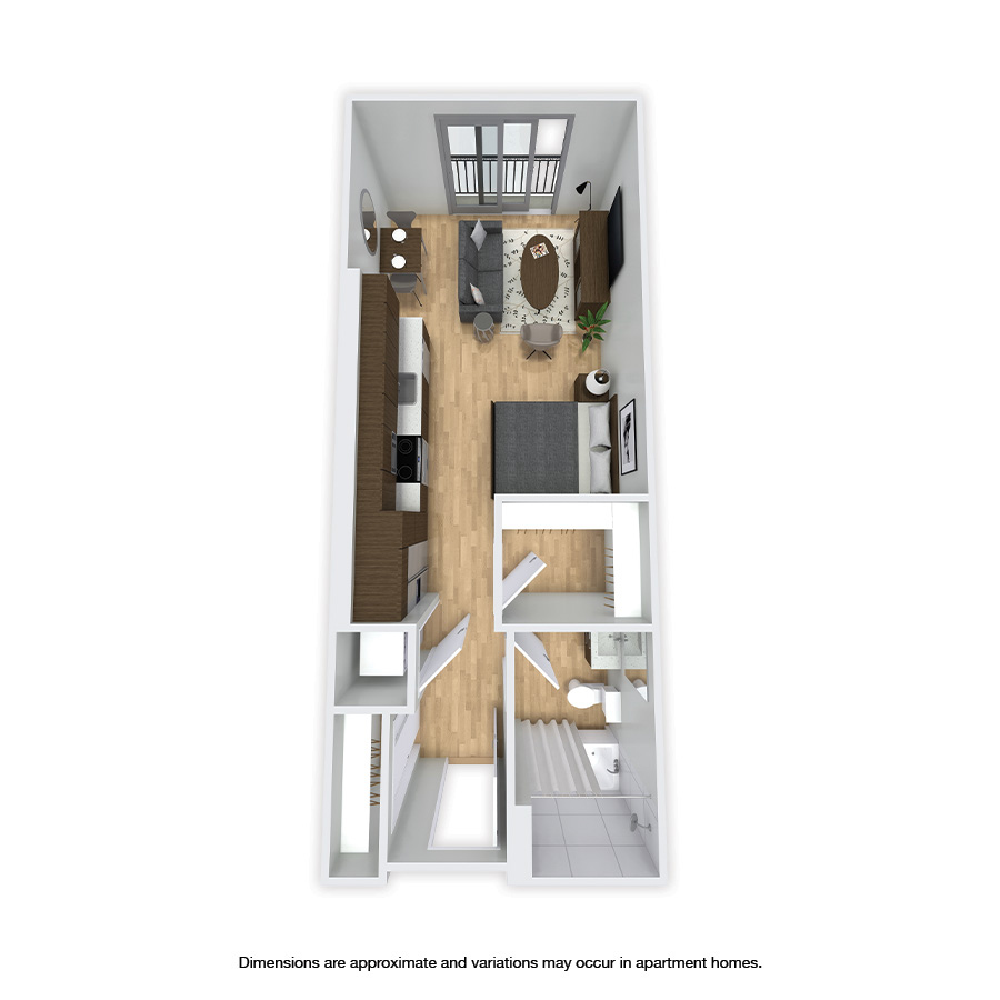 Rendering of the Burke Affordable floor plan with a Studio bedroom and 1 bathroom[s] at Griffis Shoreline
