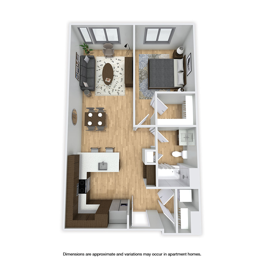 Rendering of the Nyanza Affordable floor plan with 1 bedroom[s] and 1 bathroom[s] at Griffis Shoreline