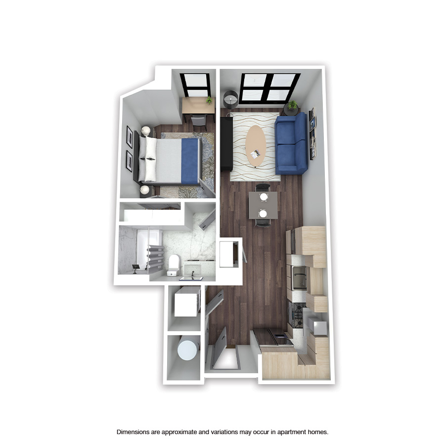 Rendering of the Exfair Affordable floor plan with 1 bedroom[s] and 1 bathroom[s] at Griffis Edgemoor