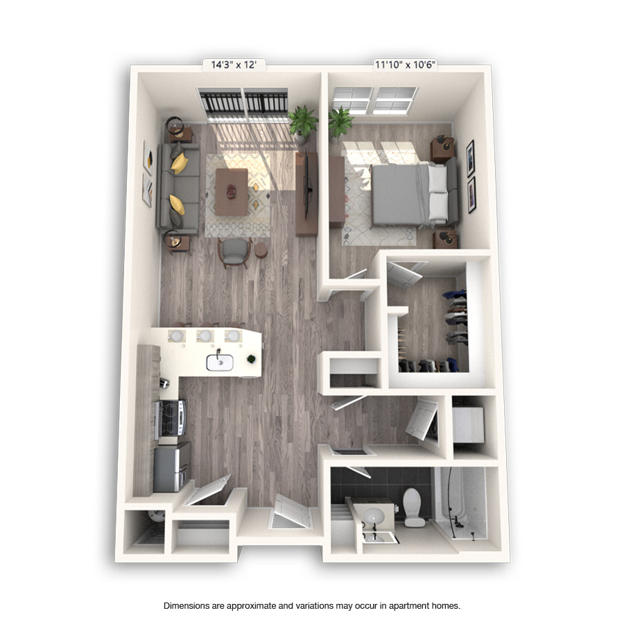 Rendering of the Cherry Creek Platinum floor plan with 1 bedroom[s] and 1 bathroom[s] at Griffis Cheesman Park