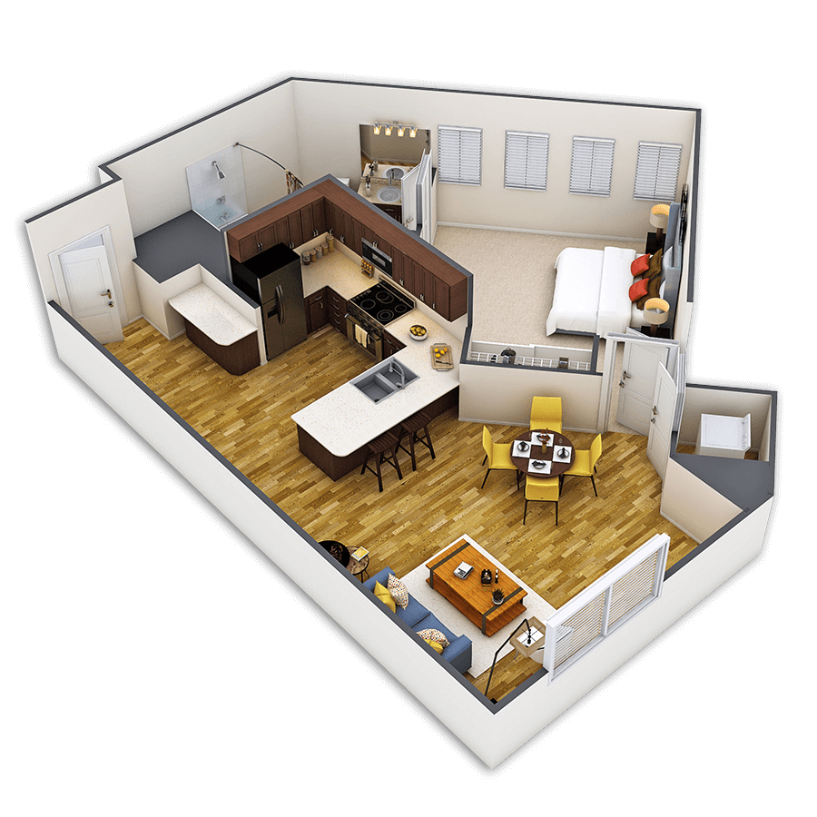 Rendering of the Wynkoop Platinum floor plan with 1 bedroom[s] and 1 bathroom[s] at Griffis Union Station