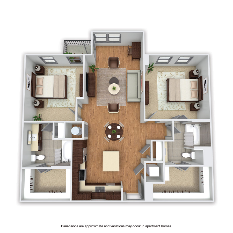 Rendering of the Owens floor plan with 2 bedroom[s] and 2 bathroom[s] at Griffis Uptown