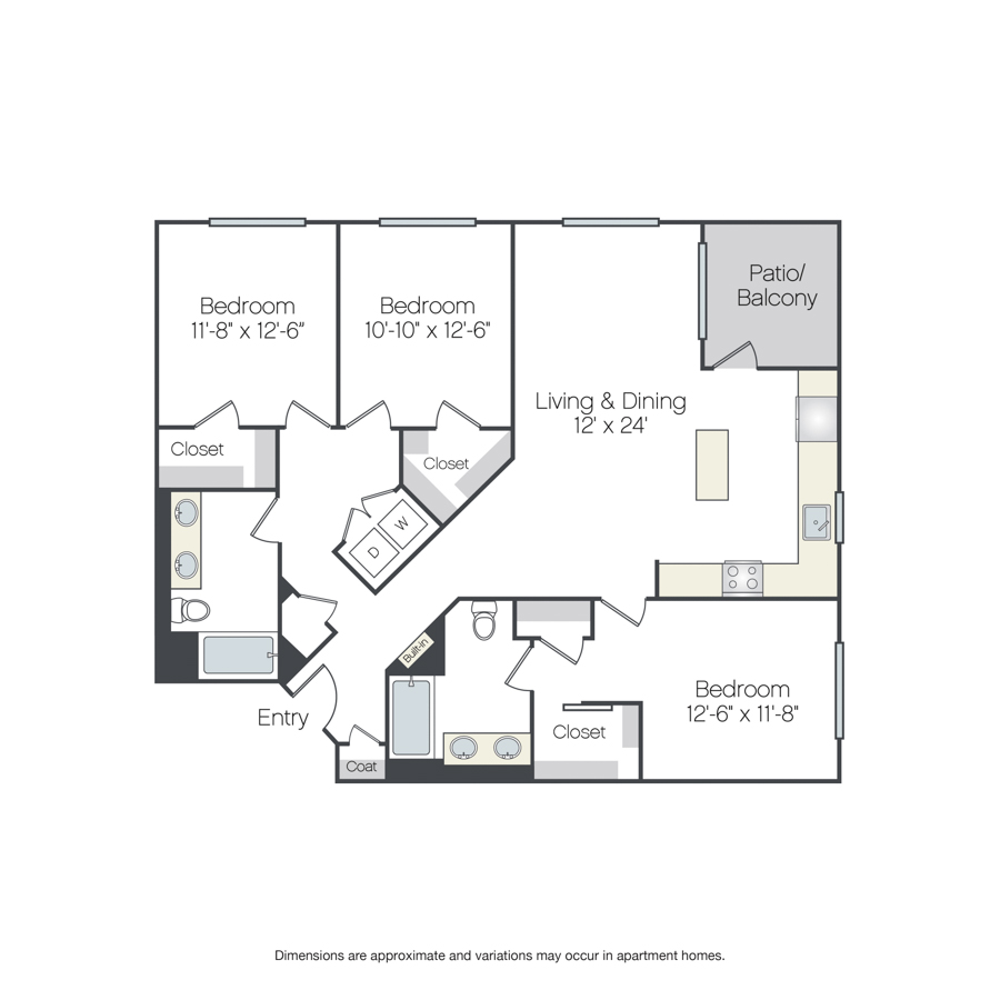 Rendering of the Sage floor plan with 3 bedroom[s] and 2 bathroom[s] at Griffis Platinum Triangle