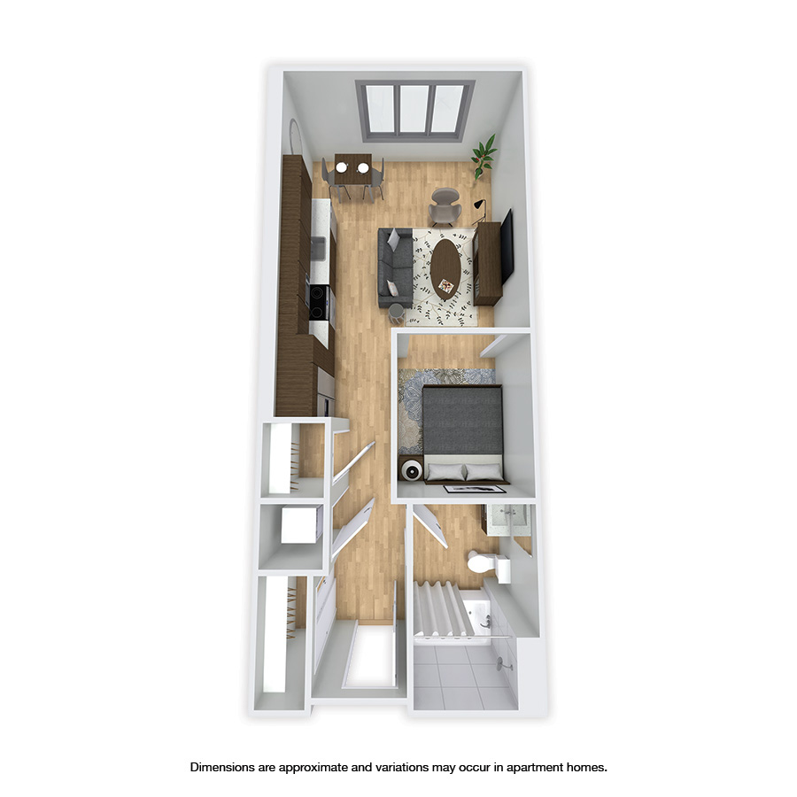 Rendering of the College floor plan with a Studio bedroom and 1 bathroom[s] at Griffis Shoreline