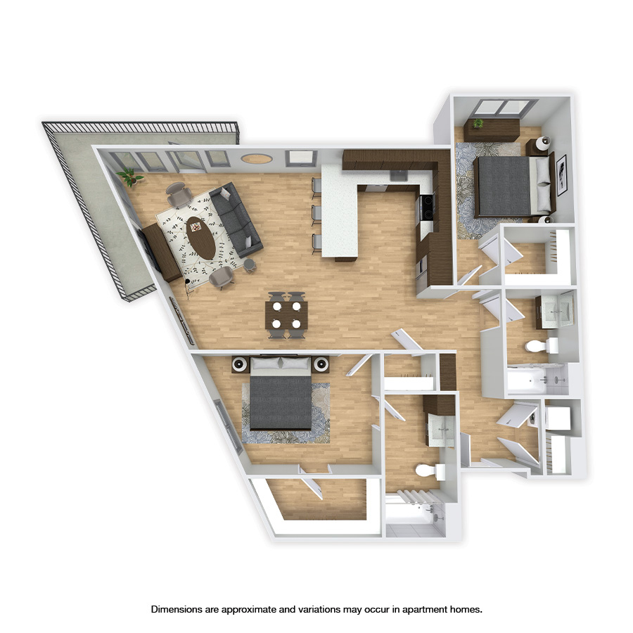 Rendering of the Winona floor plan with 2 bedroom[s] and 2 bathroom[s] at Griffis Shoreline