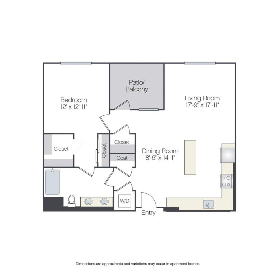Rendering of the Juarez floor plan with 1 bedroom[s] and 1 bathroom[s] at Griffis Platinum Triangle