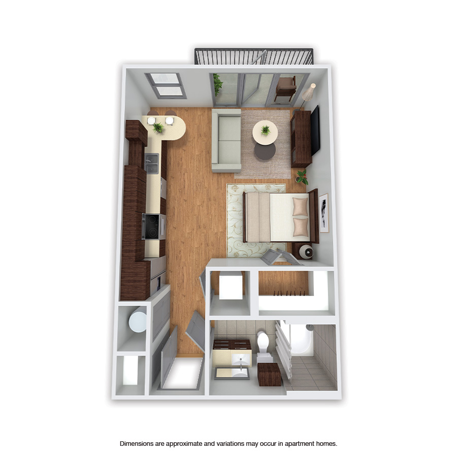 Rendering of the Arbor floor plan with a Studio bedroom and 1 bathroom[s] at Griffis Uptown