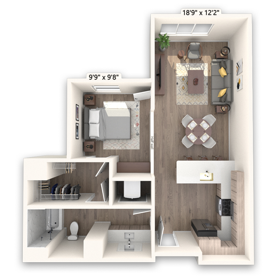 Rendering of the Democrat floor plan with 1 bedroom[s] and 1 bathroom[s] at Griffis LoDo