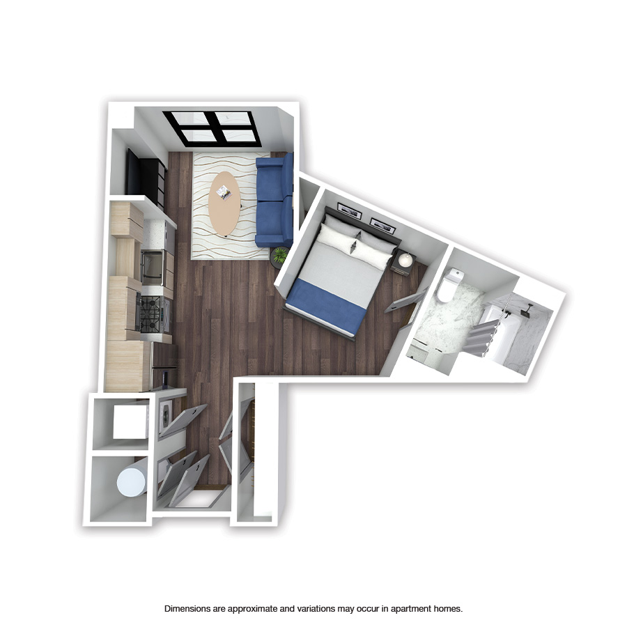 Rendering of the Arlington floor plan with a Studio bedroom and 1 bathroom[s] at Griffis Edgemoor