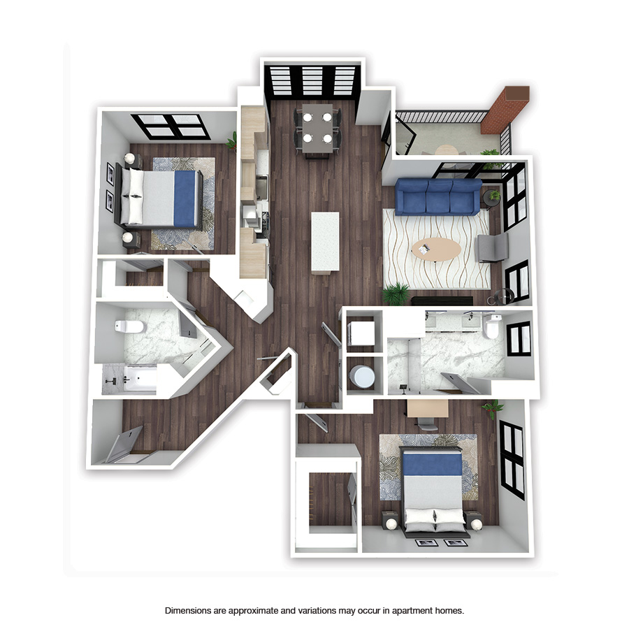 Rendering of the Norfolk floor plan with 2 bedroom[s] and 2 bathroom[s] at Griffis Edgemoor