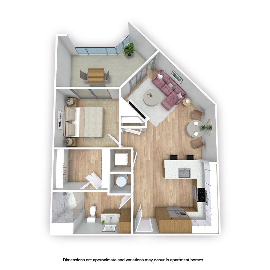 Rendering of the Melbourne floor plan with 1 bedroom[s] and 1 bathroom[s] at Griffis West Palm