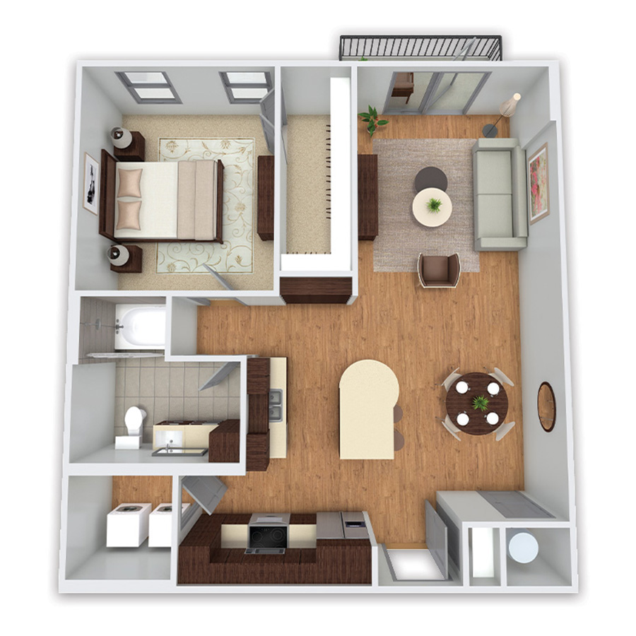 Rendering of the Heritage Platinum floor plan with 1 bedroom[s] and 1 bathroom[s] at Griffis Uptown