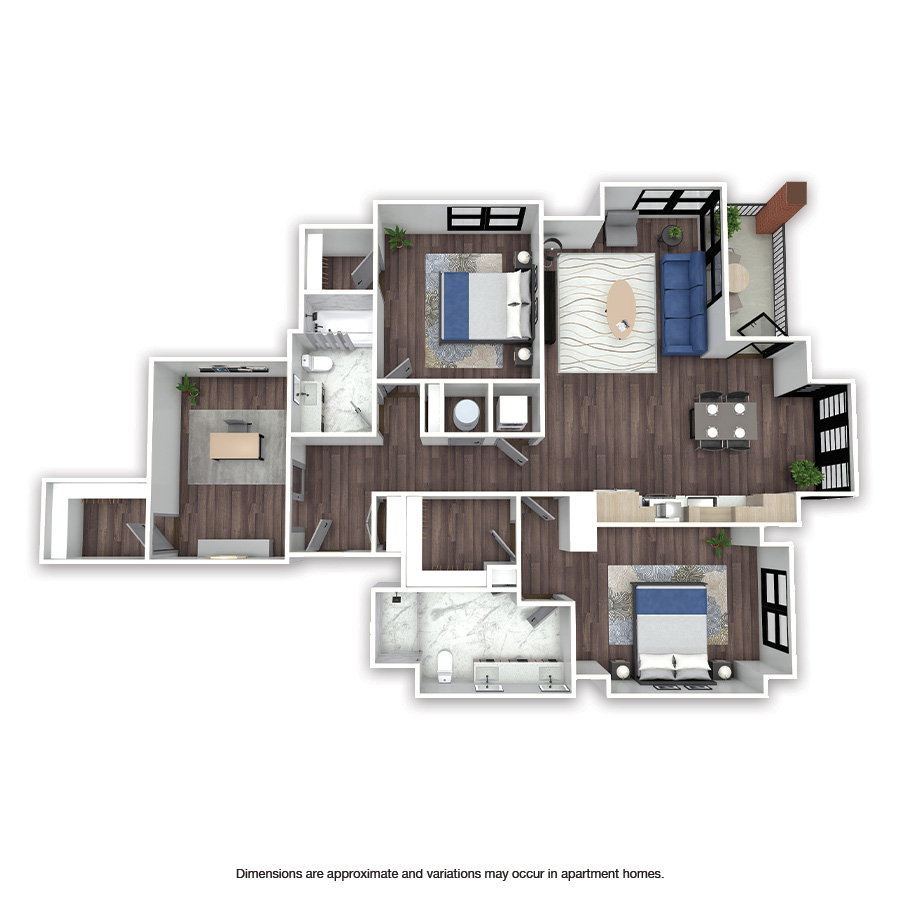 Rendering of the Pearl floor plan with 2 bedroom[s] and 2 bathroom[s] at Griffis Edgemoor