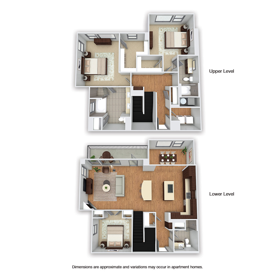 Rendering of the Walker floor plan with 3 bedroom[s] and 3 bathroom[s] at Griffis Uptown