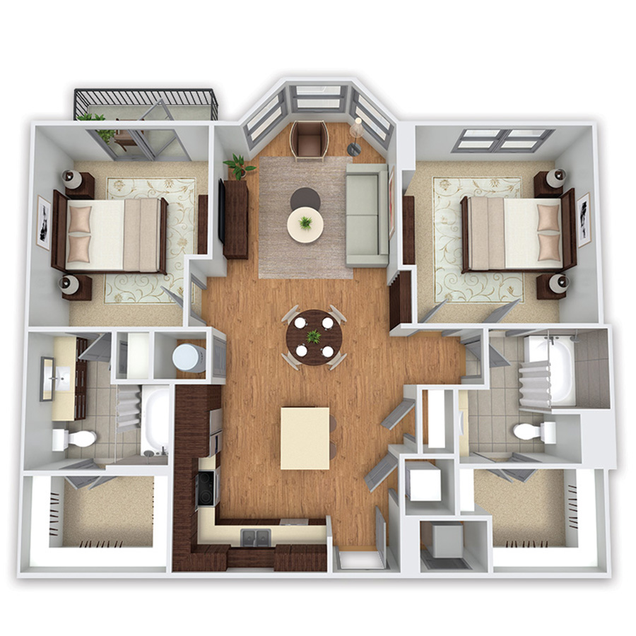 Rendering of the Meadowmere Platinum floor plan with 2 bedroom[s] and 2 bathroom[s] at Griffis Uptown