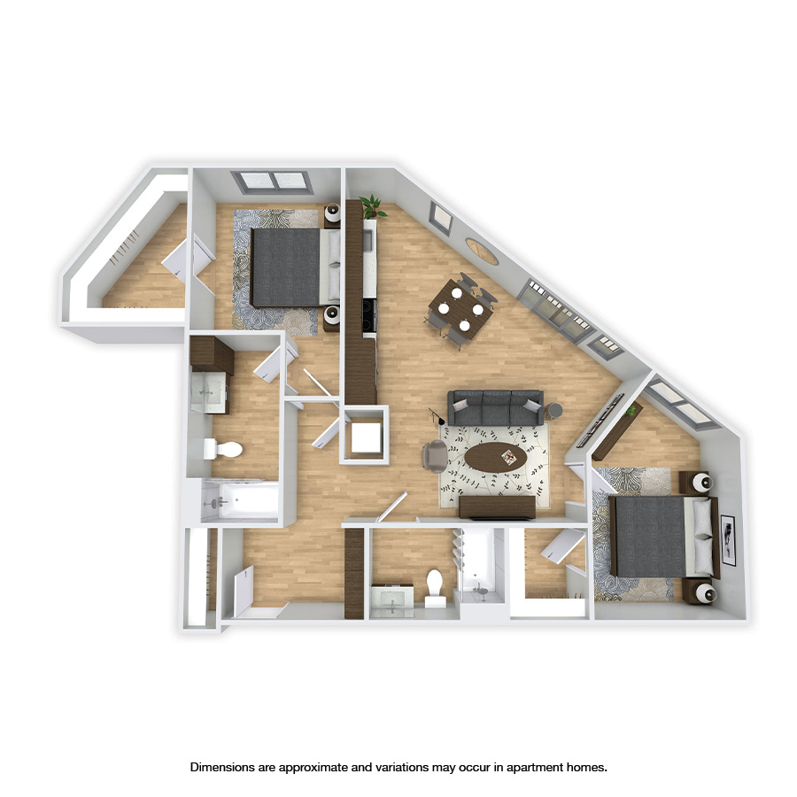 Rendering of the Springdale floor plan with 2 bedroom[s] and 2 bathroom[s] at Griffis Shoreline