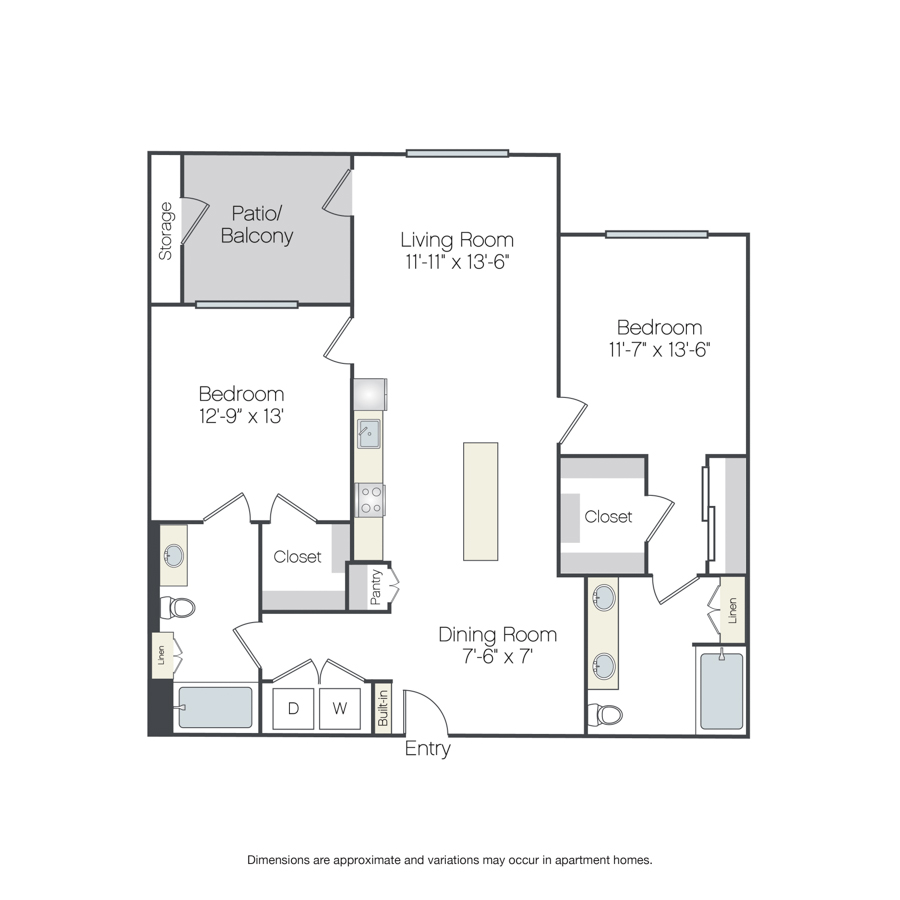 Rendering of the Lincoln floor plan with 2 bedroom[s] and 2 bathroom[s] at Griffis Platinum Triangle