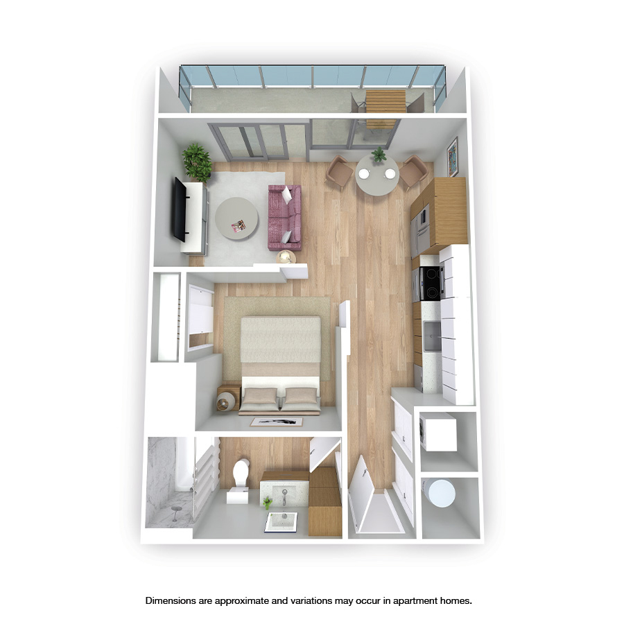 Rendering of the Deerfield floor plan with a Studio bedroom and 1 bathroom[s] at Griffis West Palm