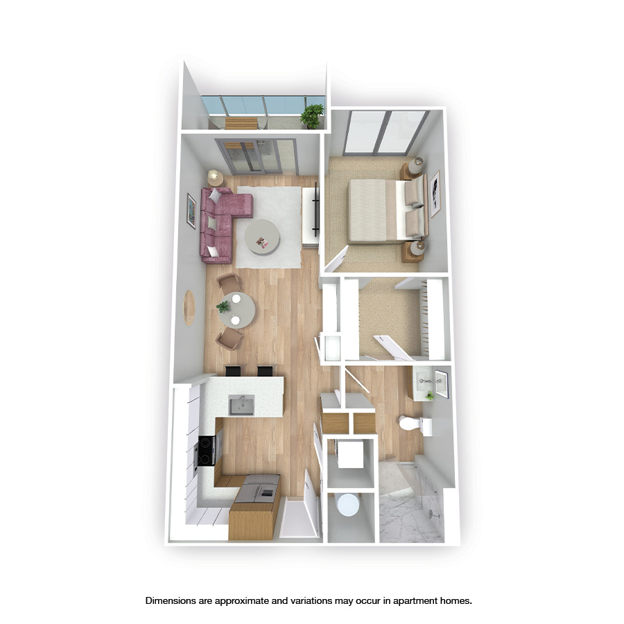 Rendering of the Miami floor plan with 1 bedroom[s] and 1 bathroom[s] at Griffis West Palm