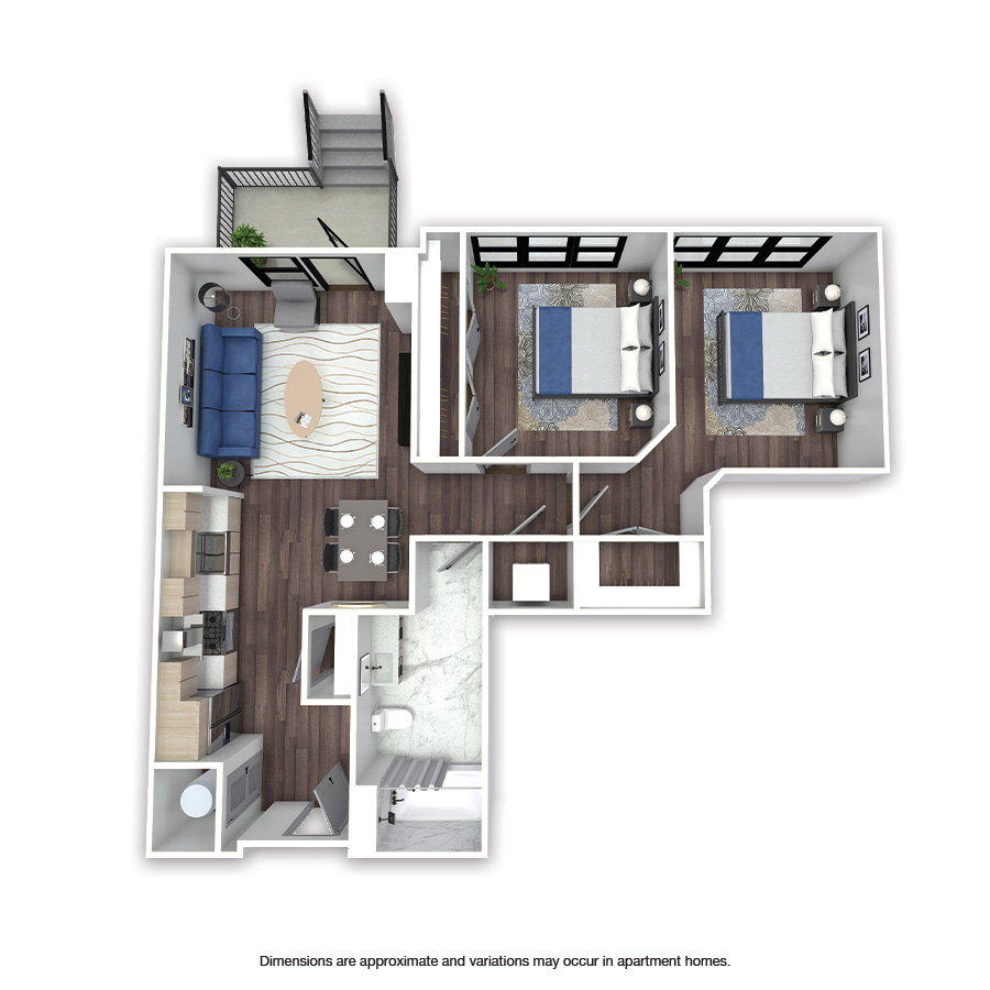 Rendering of the Ridge Affordable floor plan with 2 bedroom[s] and 1 bathroom[s] at Griffis Edgemoor