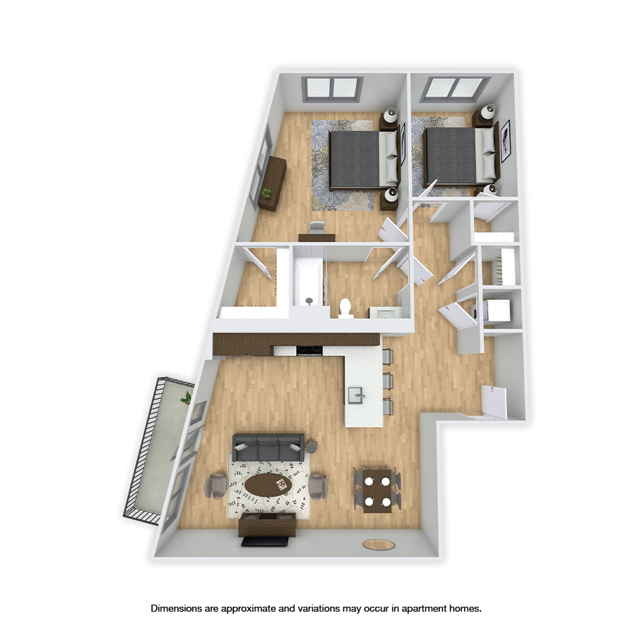 Rendering of the Phinney Affordable floor plan with 2 bedroom[s] and 2 bathroom[s] at Griffis Shoreline