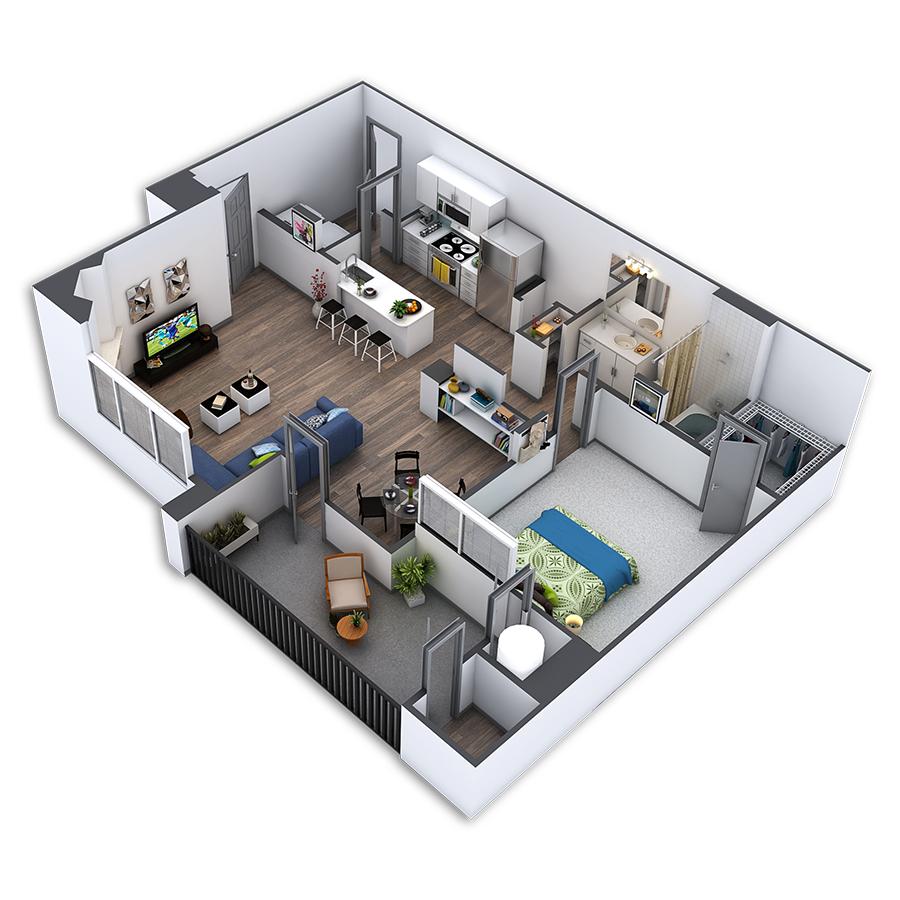 Rendering of the Lynx floor plan with 1 bedroom[s] and 1 bathroom[s] at Griffis Belleview Station