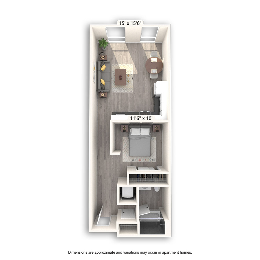Rendering of the Lexington Platinum floor plan with 1 bedroom[s] and 1 bathroom[s] at Griffis East Village