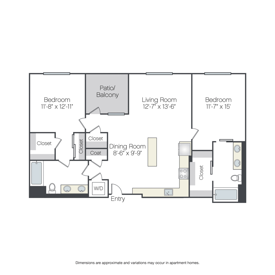 Rendering of the Magnolia floor plan with 2 bedroom[s] and 2 bathroom[s] at Griffis Platinum Triangle