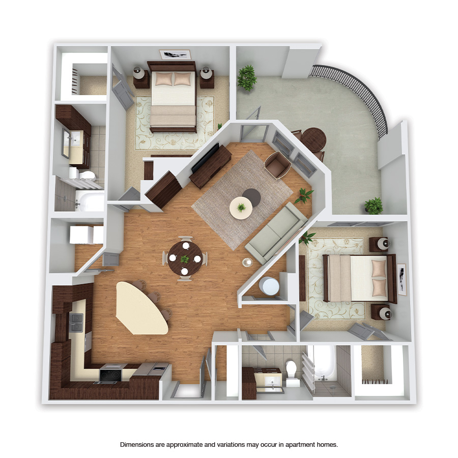 Rendering of the Pleasant floor plan with 2 bedroom[s] and 2 bathroom[s] at Griffis Uptown