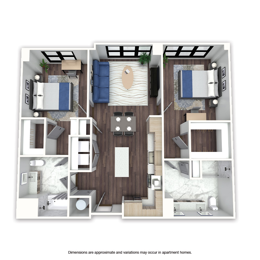 Rendering of the Manning floor plan with 2 bedroom[s] and 2 bathroom[s] at Griffis Edgemoor
