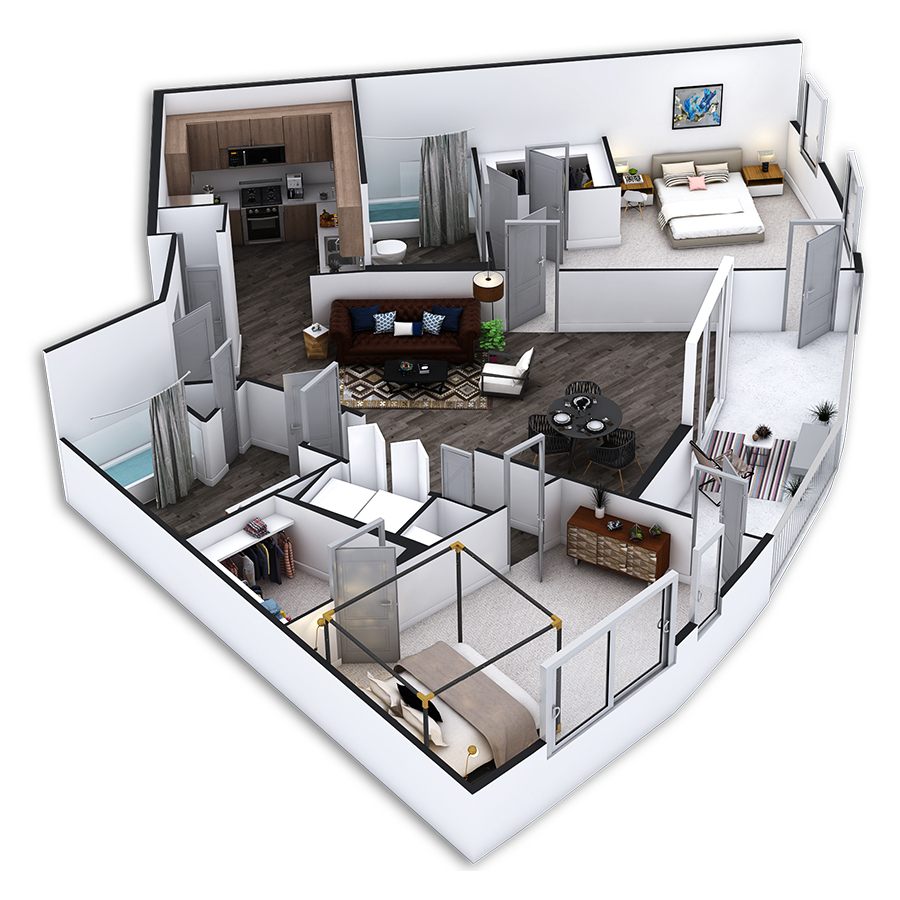 Rendering of the Shoreline Platinum floor plan with 2 bedroom[s] and 2 bathroom[s] at Griffis Pine Avenue