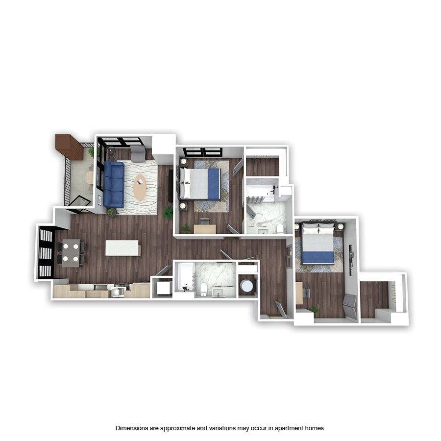 Rendering of the Fairmont floor plan with 2 bedroom[s] and 2 bathroom[s] at Griffis Edgemoor