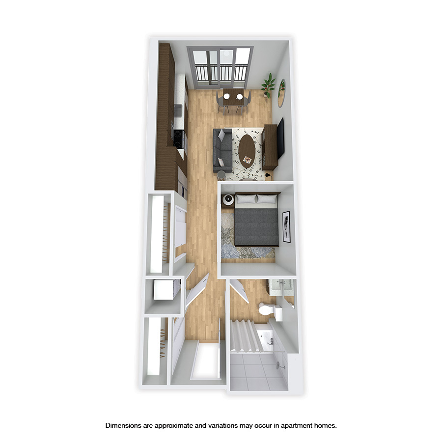 Rendering of the Densmore floor plan with 1 bedroom[s] and 1 bathroom[s] at Griffis Shoreline