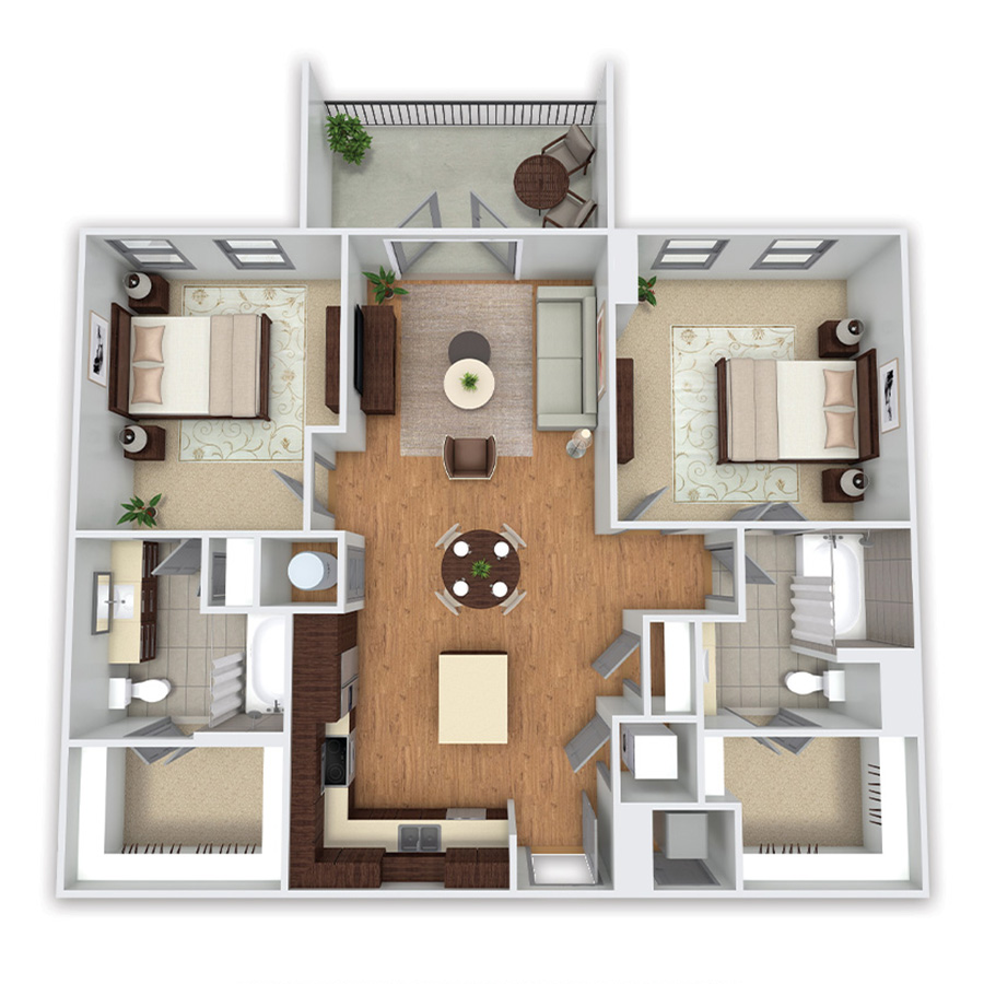 Rendering of the Hutton Platinum floor plan with 2 bedroom[s] and 2 bathroom[s] at Griffis Uptown