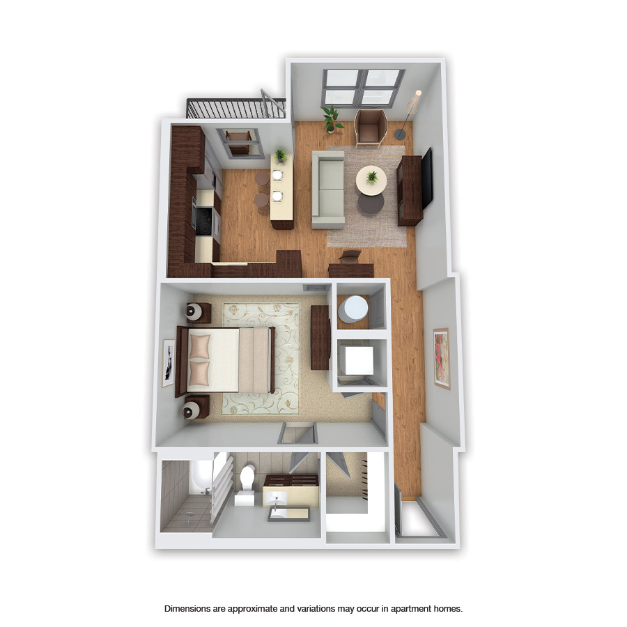Rendering of the Cottonwood floor plan with 1 bedroom[s] and 1 bathroom[s] at Griffis Uptown