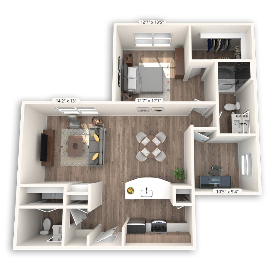 Rendering of the Shanghai floor plan with 1 bedroom[s] and 1.5 bathroom[s] at Griffis at The Domain