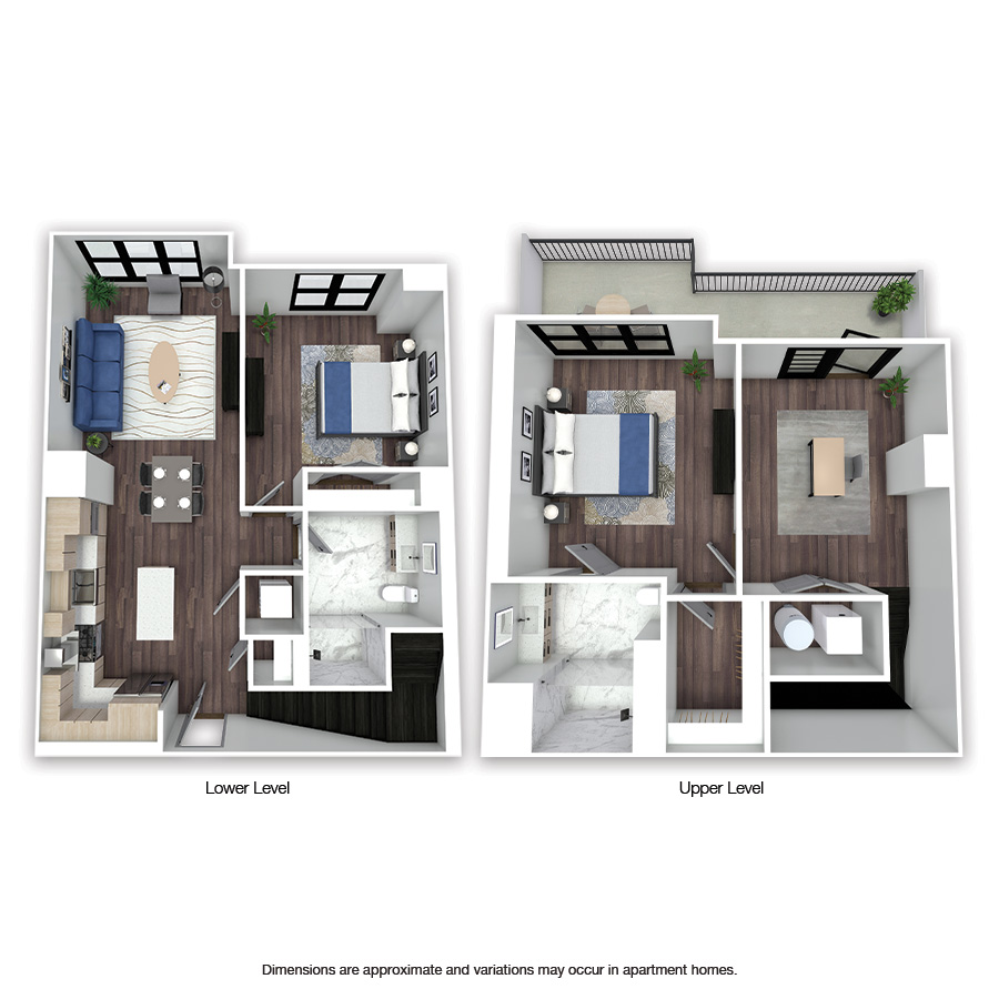 Rendering of the Walsh floor plan with 2 bedroom[s] and 2 bathroom[s] at Griffis Edgemoor