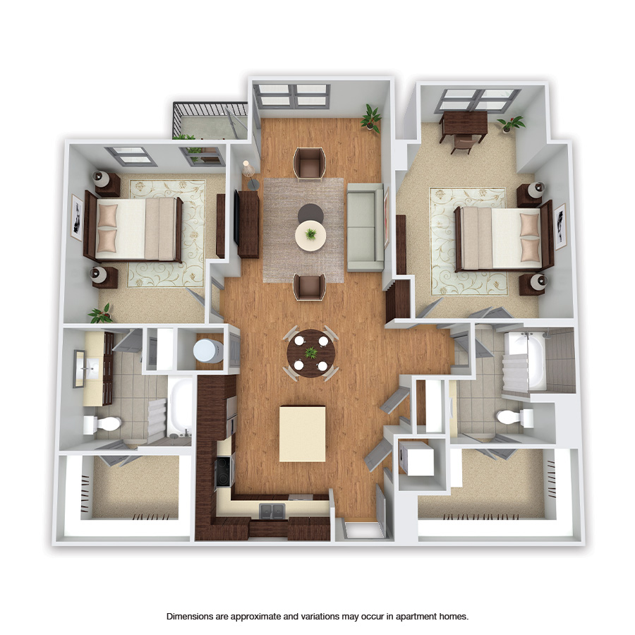 Rendering of the Piedmont floor plan with 2 bedroom[s] and 2 bathroom[s] at Griffis Uptown