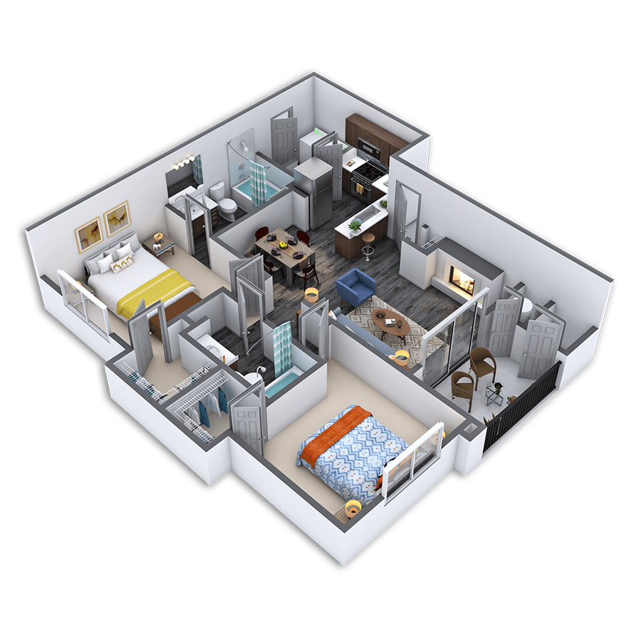 Rendering of the Renowned floor plan with 2 bedroom[s] and 2 bathroom[s] at Griffis Lakeline Station