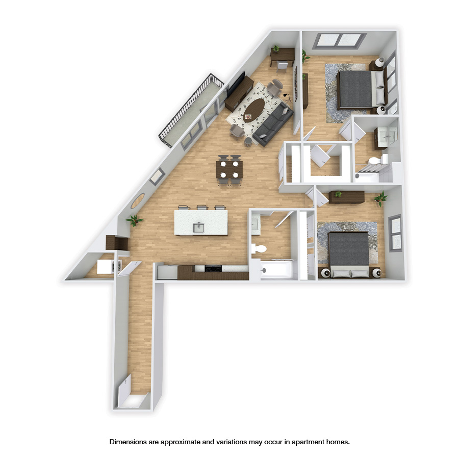 Rendering of the Woodland floor plan with 2 bedroom[s] and 2 bathroom[s] at Griffis Shoreline